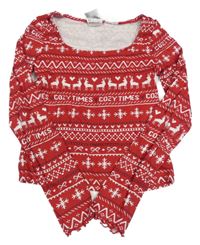 Červené vzorované žebrované crop triko se soby a vločkami a mašlemi H&M