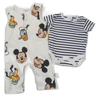 2 Set - Smetanový overal s Mickeym a kamarády + modro-bílé pruhované body Disney