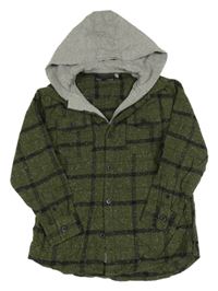 Khaki-černá melírovano/kostkovaná košilová bunda s vsadkou a kapucí Next