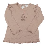 Světlehnědé triko s nápisy a srdíčkem a volánky H&M