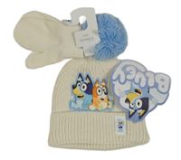 Nové - 2set - Smetanová pletená čepice s Bluey a bambulí + palcové rukavice Dunnes