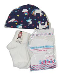 Nové - 4Set - 1x - Tmavomodrá čepice s jednorožci a duhami + 1x - bílé ponožky + 2x - rukavice Soft Touch