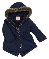Tmavomodrá metalická šusťáková zimní parka s mašlemi a kapucí s kožešinou Debenhams