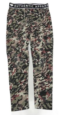 Khaki-černo-růžové vzorované legíny s nápisem v pase 