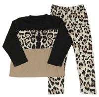 2Set - Černo-béžové leopardí triko + leopardí legíny 