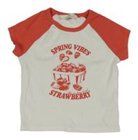 Bílo-červené žebrované crop tričko s jahodami H&M