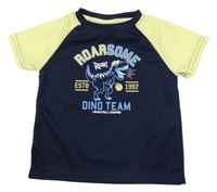 Tmavomodro-žluté sportovní tričko s dinosaurem a nápisy INFINITY KIDS
