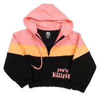 Neonově růžovo-oranžovo-černá propínací crop mikina s nápisem a kapucí