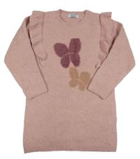 Růžové svetrové vlněné šaty s motýlky a volánky Primark
