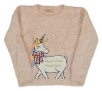 Světlerůžový chlupatý svetr s jednorožcem Primark