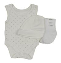 3set - Bílé body s hvězdami + bílá čepice + bílé žebrované ponožky 