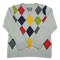 Šedo-barevný melírovaný károvaný vlněný svetr H&M