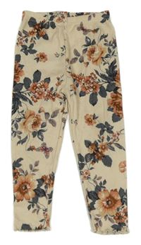 Béžové květované žebrované legíny s motýlky 