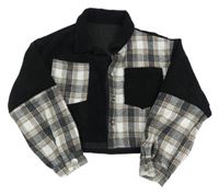Černo-bílo-hnědo-tmavošedá/kostkovaná manšetrovo/flaušová crop bunda s límečkem SHEIN
