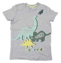 Šedé melírované tričko s dinosaury 