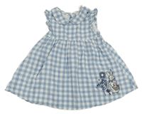 Modro-bílé kostkované šaty s králíčkem - Peter Rabbit a volánky a límečkem