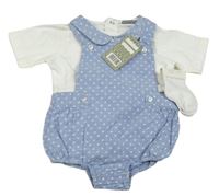 Nové - 3set - Modré vzorované laclové kraťasy s medvědem + bílé tričko + bílé ponožky