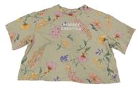Béžové crop tričko s nápisem a květinami H&M