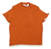 Rezavé žebrované úpletové oversize tričko s volánky H&M