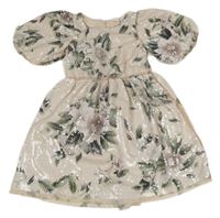 Pudrovo-světlepudrové tylové flitrové šaty s květy H&M