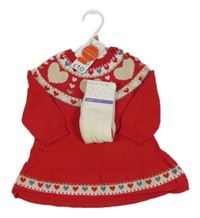Nové - 2set - Červeno-béžové svetrové šaty se srdíčky + smetanové punčocháče Nutmeg