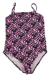 Černo-růžové vzorované jednodílné plavky
