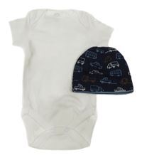 2Set - Bílé body Next + tmavomodrá čepice s auty a autobusy Topomni