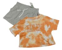 Nové - 2set - Oranžovo-bílé batikované crop tričko s nápisem + šedé melírované bavlněné kraťasy Primark
