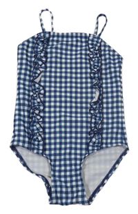 Tmavomodro-bílé kostkované jednodílné plavky s volánky H&M