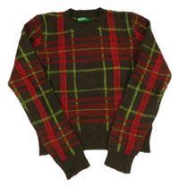 Khaki-červeno-zelený kostkovaný crop svetr 