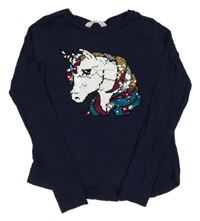 Tmavomodré triko s jednorožcem z flitrů H&M