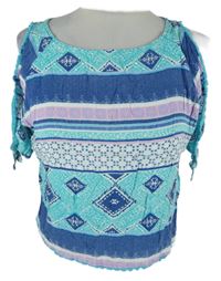 Dámská modro-růžová vzorovaná crop halenka s volnými rameny H&M vel. 32