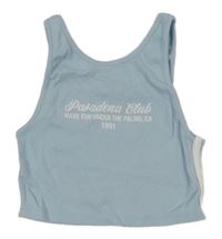 Světlemodrý žebrovaný bavlněný crop top s nápisem Zara