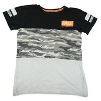 Černo-šedo-bílé tričko s army vzorem a nápisem Chapter Young