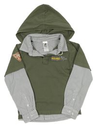 Khaki-modro-bílo pruhované triko se všitou košilí a kapucí C&A