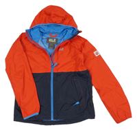Červeno-modrá šusťáková podzimní bunda s kapucí Jack Wolfskin