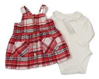 Nové - 2set - Červeno-bílé kostkované šaty + žebrované body s volánkem F&F