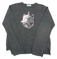 Tmavošedý melírovaný svetr s jednorožcem z překlápěcích flitrů H&M