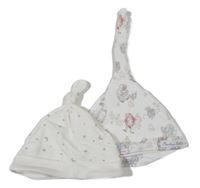 2set - bílá čepice s hvězdami + bílá čepice se zvířátky 