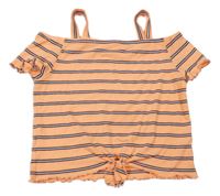 Oranžovo-černé pruhované žebrované crop tričko s volnými rameny C&A