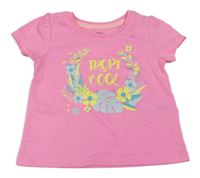 Neonově růžové tričko s nápisem a květy Pep&Co