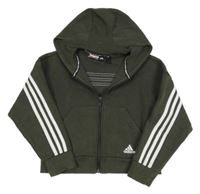 Tmavozelená propínací crop mikina s pruhy a logem a kapucí Adidas