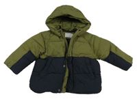 Khaki-tmavomodrá prošívaná šusťáková zimní bunda s kapucí ZARA
