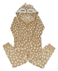 Hnědo-bílá puntíkovaná chlupatá kombínéza s kapucí - srnka Primark