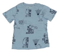 Světlemodré tričko s míčky a příšerkami a nápisy H&M