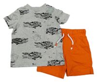 Nové - 2 set - šedé tričko s krokodýly + oranžové teplákové kraťasy F&F