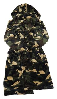 Khaki-béžovo-černý army chlupatý župan s kapucí 