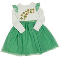 Bílo-zelené bavlněno/tylové šaty s trojlístky z flitrů Primark