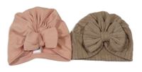 2x žebrovaná turbanová čepice s mašlí - růžová + hnědá