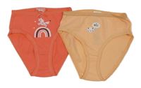 2x kalhotky - meruňkové s kočkou + korálové s duhou a jednorožcem